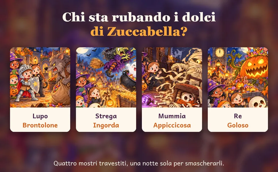 I quattro mostri golosi del libro: Lupo Brontolone, Strega Ingorda, Mummia Appiccicosa e Re Goloso