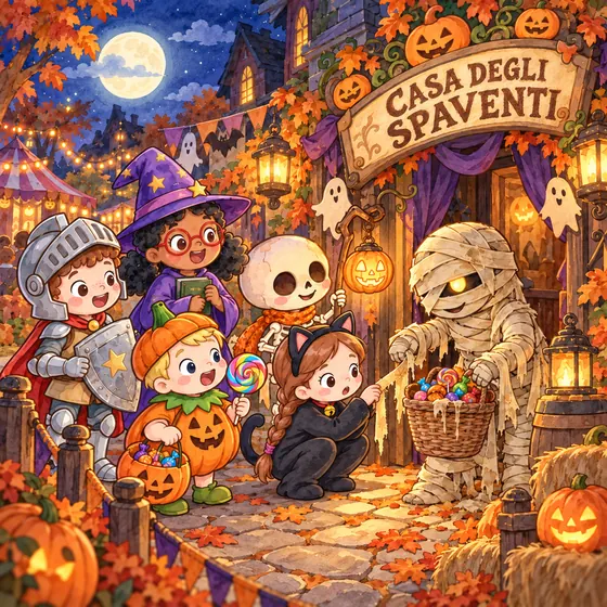 Illustrazione: una mummia offre un cestino di dolci davanti alla Casa degli Spaventi