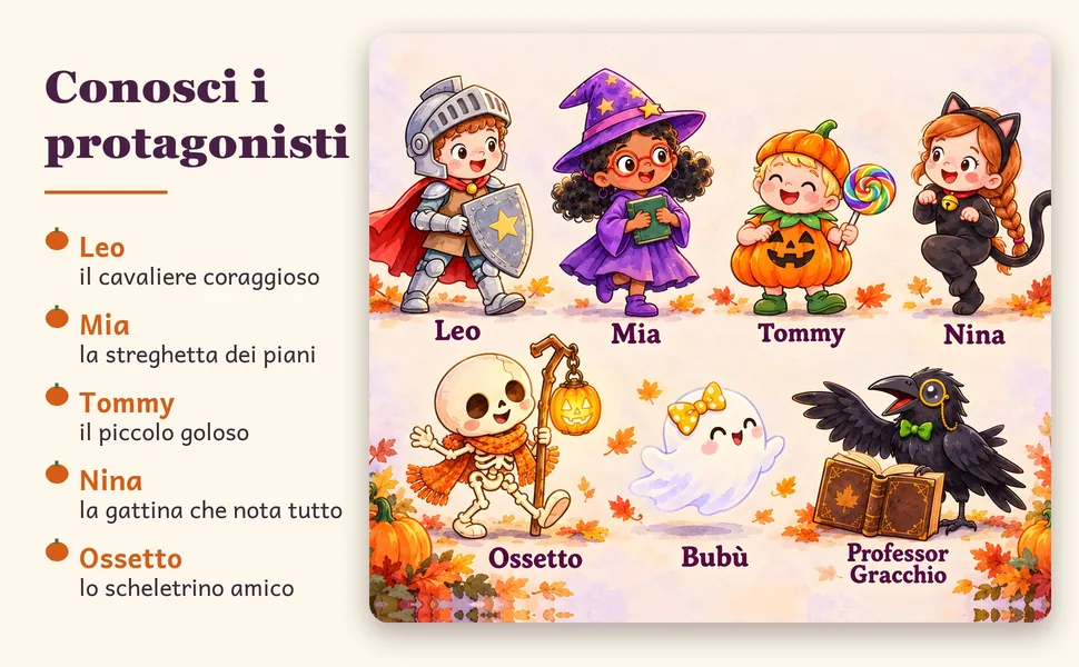 I protagonisti: Leo il cavaliere, Mia la streghetta, Tommy la zucca, Nina la gattina, lo scheletrino Ossetto, il fantasmino Bubù e il corvo Professor Gracchio